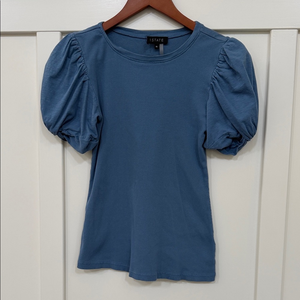 1. State Puff-Sleeve Crewneck Top in Slate Blue Sz XS